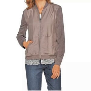 LOGO by Lori Goldstein Dusty Plum Lightweight Bomber Jacket Lace Trim 16